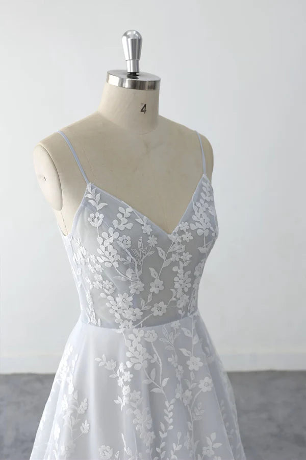 Spaghetti Straps Floral Lace Light Dusty Blue Tulle Wedding Dress